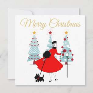 Carte 1950 Noël Vintage Dame avec Terrier Écossais
