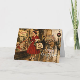 Carte 1950 Une femme fait ses achats de Noël