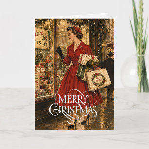 Carte 1950 Une femme fait ses achats de Noël