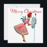 Carte 1950 Vintage Lady Checking Christmas Mail<br><div class="desc">Noël tel qu'il semblait dans les années 1950 avec cette oeuvre rétro d'une dame toute habillée en robe pleine jupe en saint rouge et vert.</div>