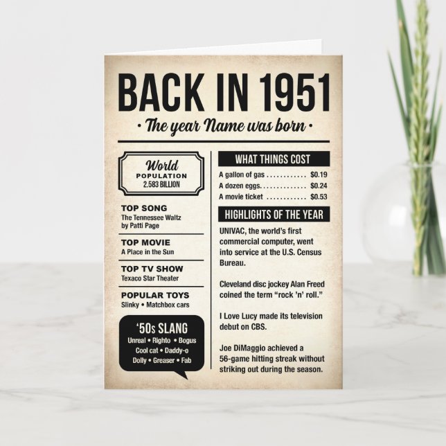 Carte 1951 Back in the Day, Fun Facts, 75th Birthday (Devant)