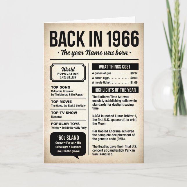 Carte 1966 Back in the Day, Fun Facts, 60th Birthday (Devant)