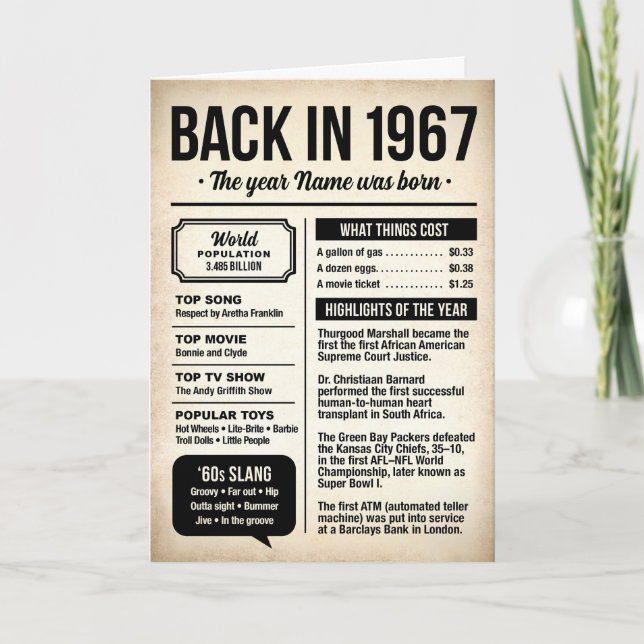 Carte 1967 Back in the Day, Fun Facts Birthday Card (Devant)