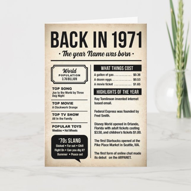 Carte 1971 Back in the Day, Fun Facts Birthday Card (Devant)
