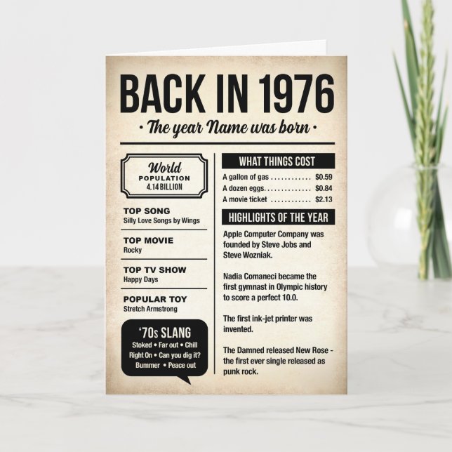 Carte 1976 Back in the Day, Fun Facts Birthday Card (Devant)