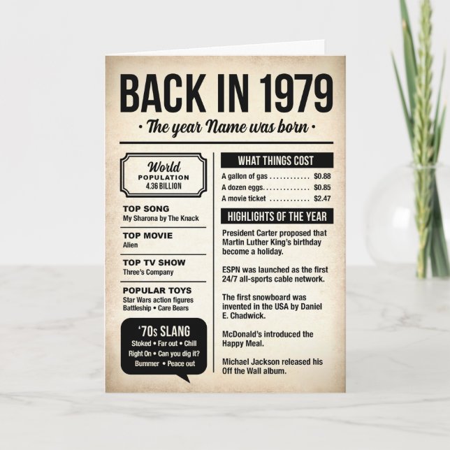 Carte 1979 Back in the Day, Fun Facts Birthday Card (Devant)