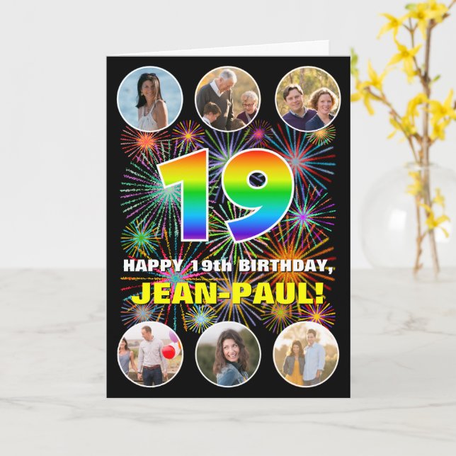 Carte 19e anniversaire : Arc en ciel amusant #, Nom pers (Fleur jaune)