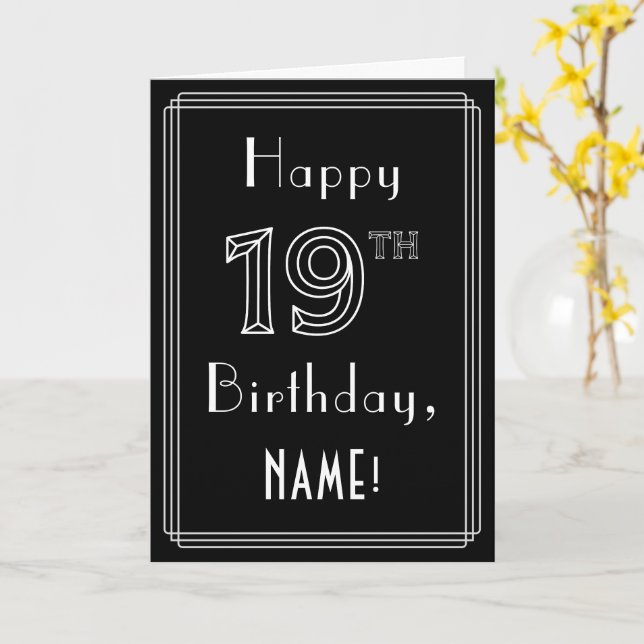 Carte 19e anniversaire : Art Déco Style # 19 & Nom perso (Fleur jaune)