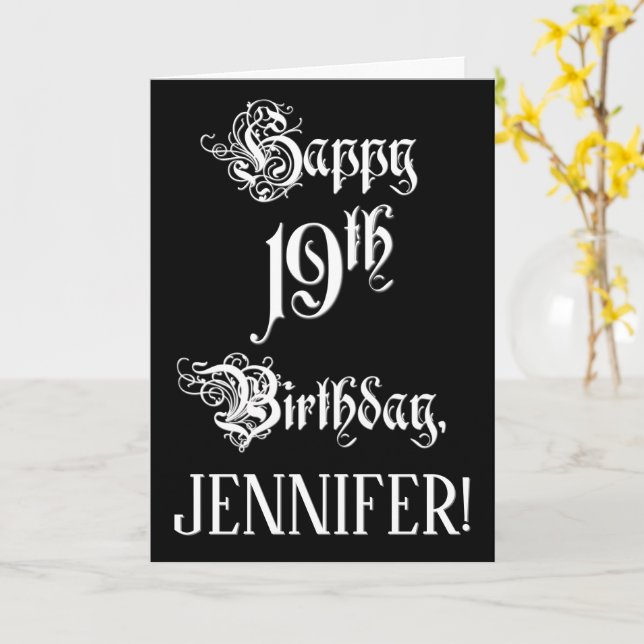 Carte 19e anniversaire : fantaisie, élégant script + Nom (Fleur jaune)