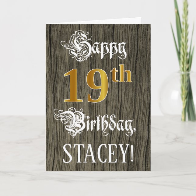 Carte 19e anniversaire : Faux Gold Look + Faux Wood Moti (Devant)
