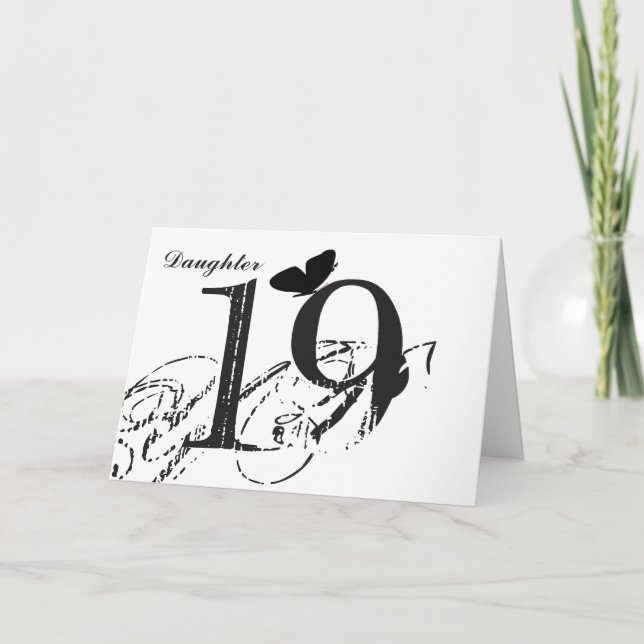 Carte 19e anniversaire, fille, papillon, noir & blanc. (Devant)