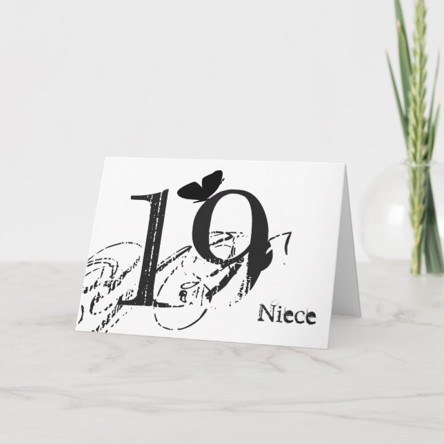 Carte 19e anniversaire, nièce, papillon, noir & blanc. (Devant)