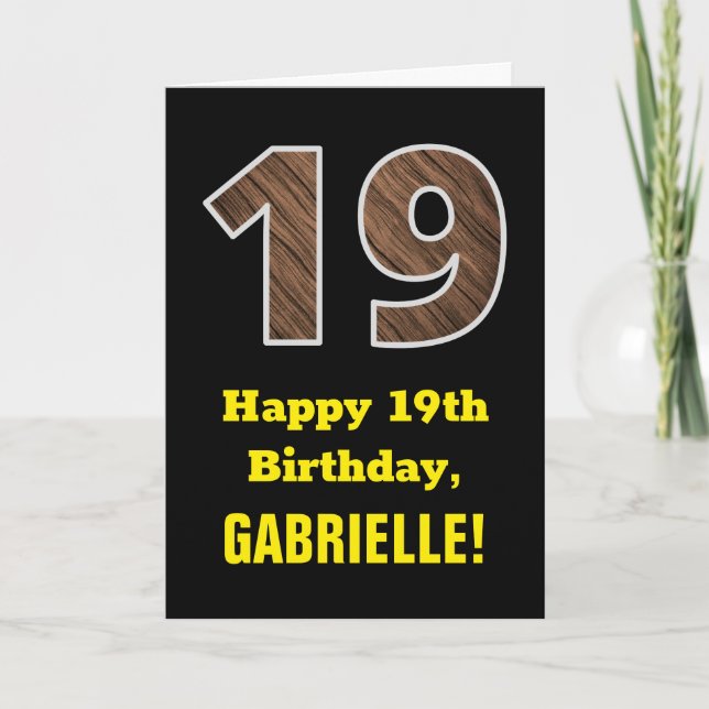 Carte 19e anniversaire : Nom, Motif Faux Wood Grain "19" (Devant)