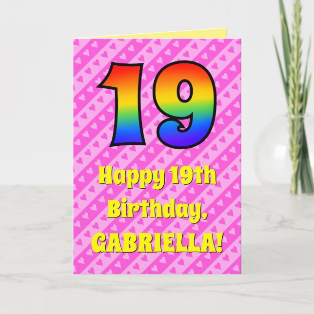 Carte 19e anniversaire : Pink Stripes & Hearts, Arc-en-c (Devant)