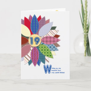 Carte 19e anniversaire pour soeur, fleur cousue