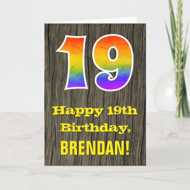 Carte 19e anniversaire : Rustic Faux Wood Look, Rainbow  (Devant)