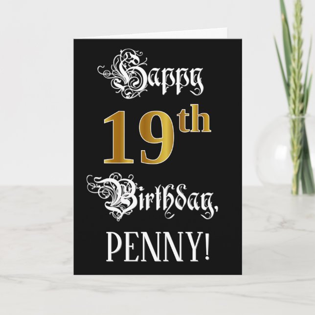 Carte 19e anniversaire — Script fantaisie; look or Faux; (Devant)