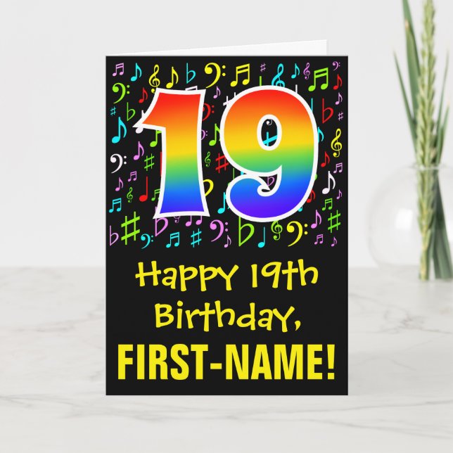 Carte 19e anniversaire : Symboles de musique colorée + A (Devant)