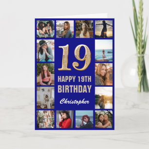 Carte 19e Joyeux anniversaire Marine Blue & Gold Photo C