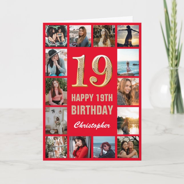 Carte 19e Joyeux anniversaire Red and Gold Photo Collage (Devant)