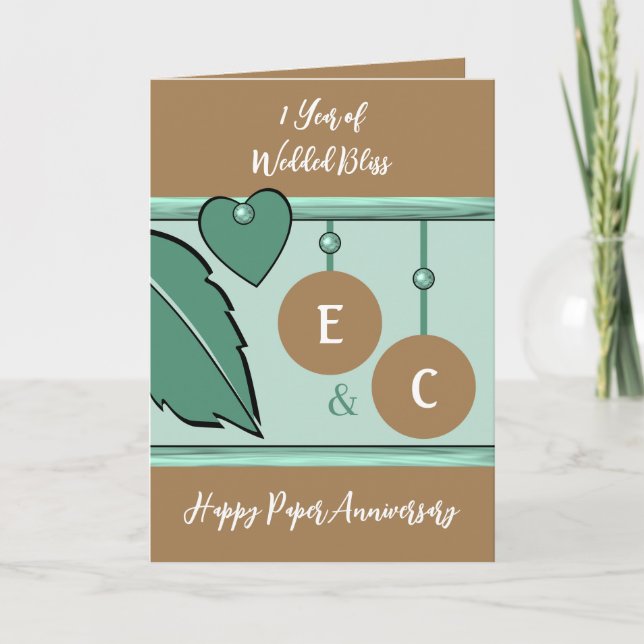 Carte 1 an papier initiales anniversaire vert brun (Devant)