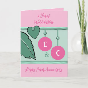 Carte 1 an papier initiales anniversaire vert rose