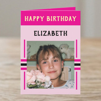 Carte 1 photo nom personnalisé anniversaire rose