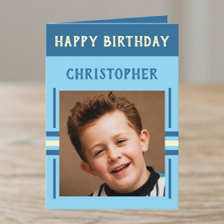 Carte 1 photo nom personnalisé bleu anniversaire