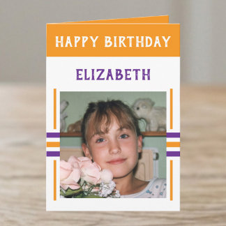 Carte 1 photo nom personnalisé orange anniversaire