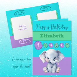 Carte 1er anniversaire ajouter nom fille mignonne élépha