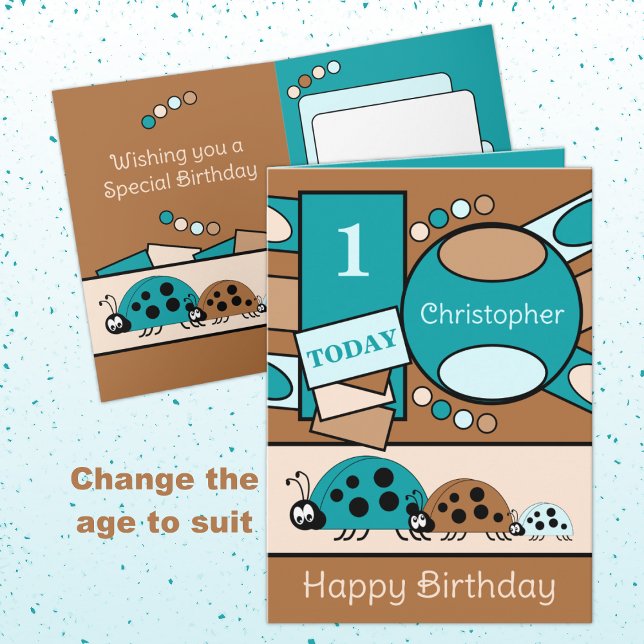 Carte 1er anniversaire ajouter nom ladybugs turquoise br (Créateur téléchargé)