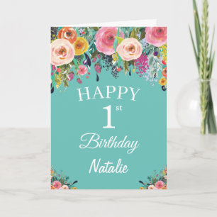 Carte 1er anniversaire Aquarelle Florale Fleurs Turquois