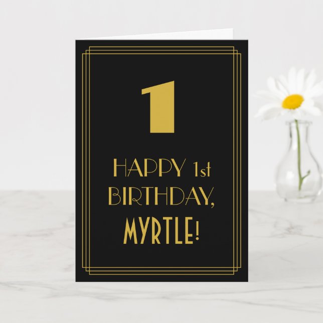 Carte 1er anniversaire ~ Art Déco Inspiré Look "1" & Nom (Petite plante)