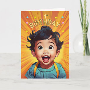 Carte 1er Anniversaire Asiatique Baby Boy in Orange Comi