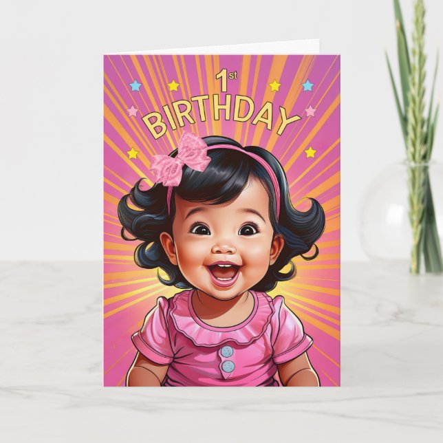 Carte 1er anniversaire Asiatique Baby Girl in Pink Comic (Devant)