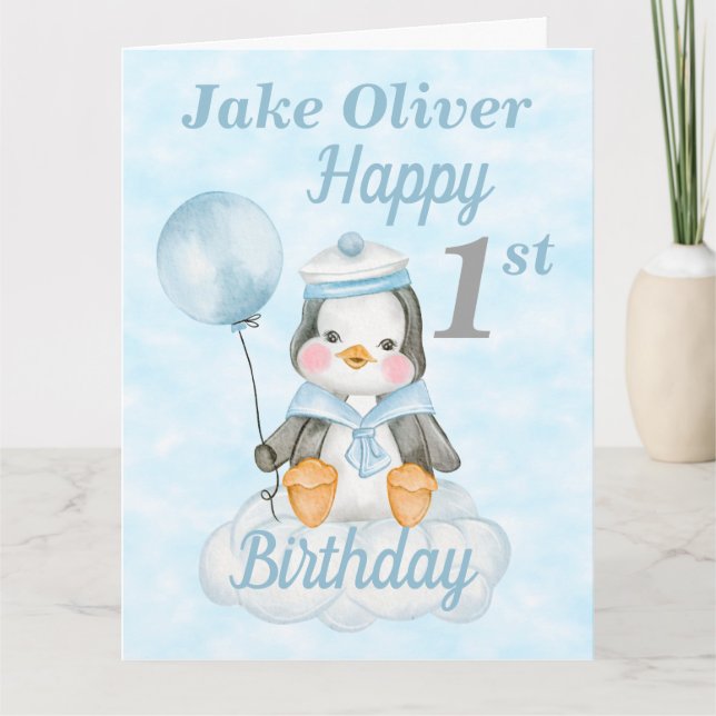 Carte 1er Anniversaire Bébé Penguin Blue Big Card (Devant)