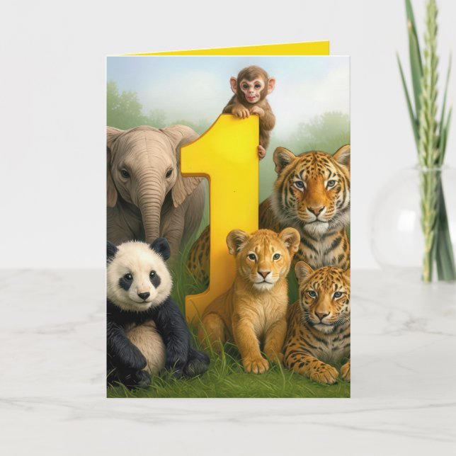 Carte 1er anniversaire Bébés Animaux Sauvages (Devant)