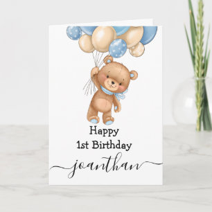 Carte 1er anniversaire bleu ballon teddy