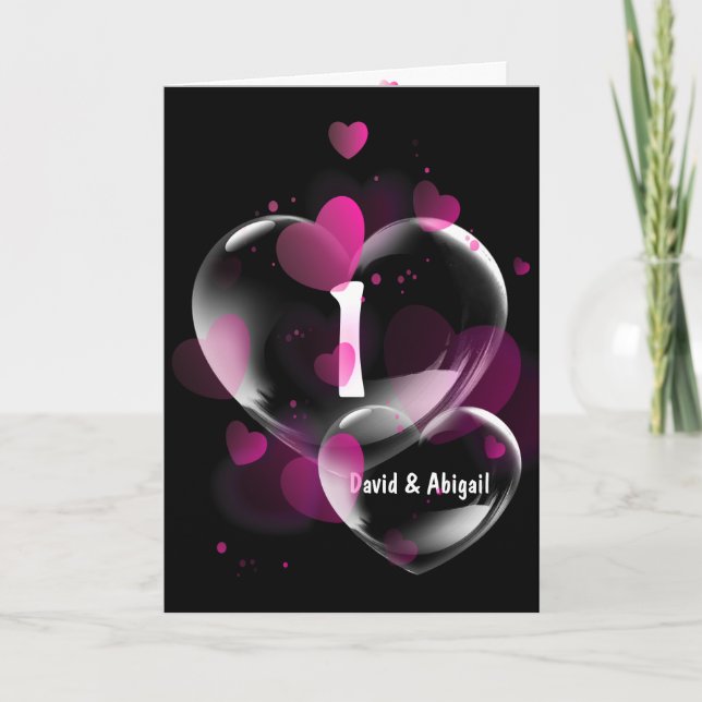 Carte 1er Anniversaire Bulles cardiaques sur Noir (Devant)