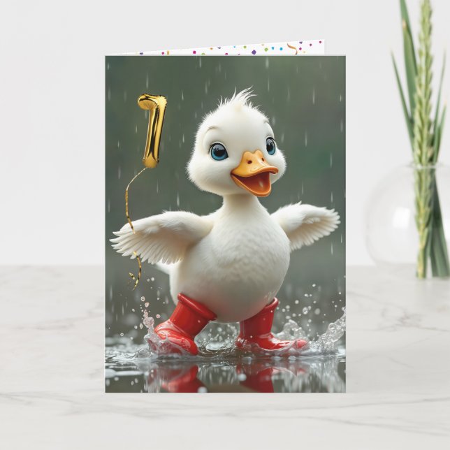 Carte 1er anniversaire Canard blanc dans une flaque de p (Devant)