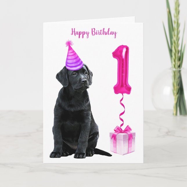 Carte 1er Anniversaire Chiot Thème - Mignonne Chien Rose (Devant)