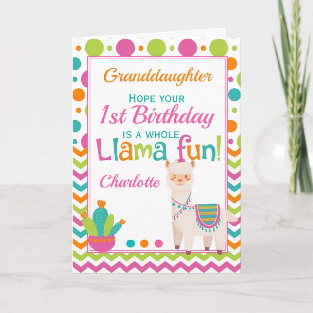 Carte 1er Anniversaire Cute Llama Fun Grandgirl (Devant)