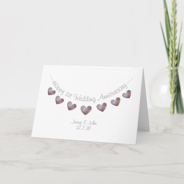 Carte 1er anniversaire de mariage avec des coeurs de per (Devant)