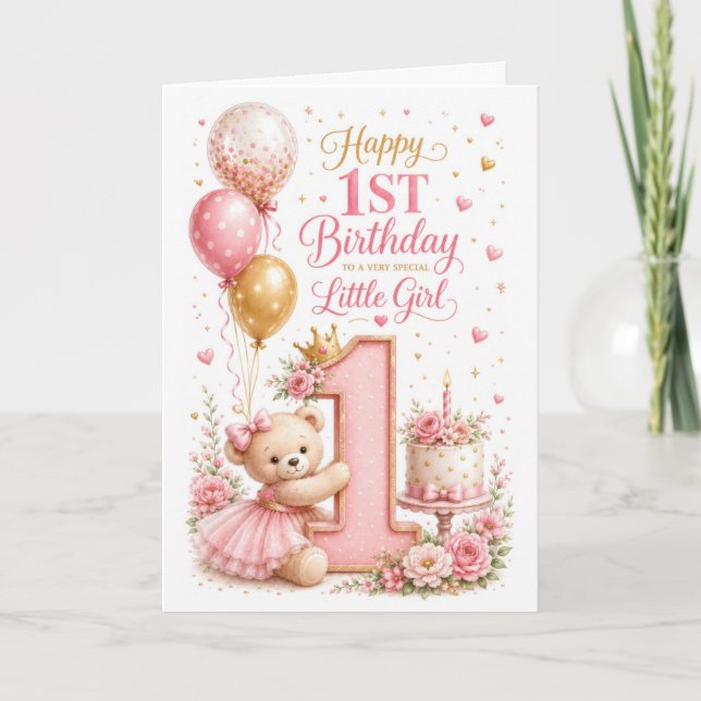 Carte 1er anniversaire de Teddy pour bébé fille (Devant)