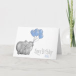 Carte 1er anniversaire d'éléphant en ballon<br><div class="desc">Carte d'anniversaire personnalisée,  avec un éléphant à ballons bleus.

Le nom et le message interne peuvent être customisés. 
 
Ce design joli et illustré est parfait pour un fils ou un petit-fils le jour de l'anniversaire d'un bébé d'un an.</div>