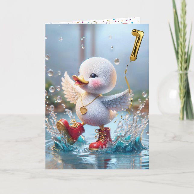 Carte 1er anniversaire Duck Dancing In the Rain Puddle (Devant)