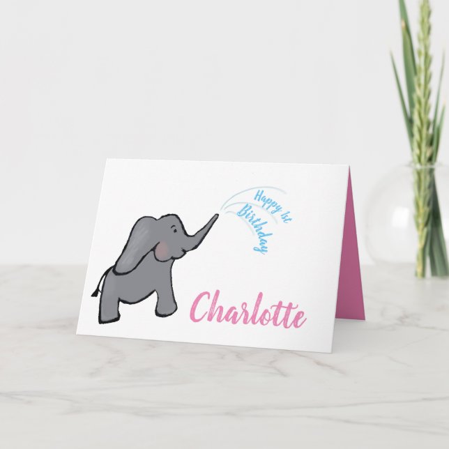 Carte 1er anniversaire éléphant fille rose (Devant)