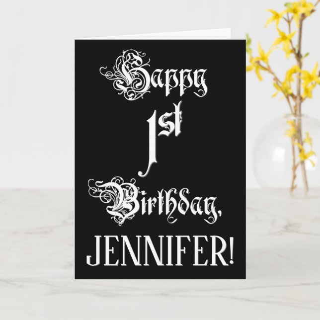 Carte 1er anniversaire : fantaisie, élégant script + Nom (Fleur jaune)