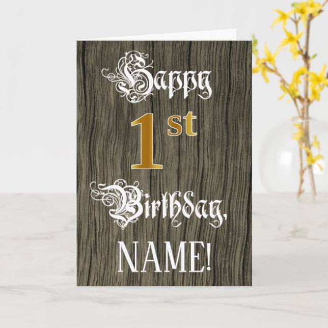 Carte 1er anniversaire : Faux Gold Look + Faux Wood Moti (Fleur jaune)