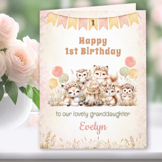 Carte 1er anniversaire Fille Boho rose Boho Bois Animaux